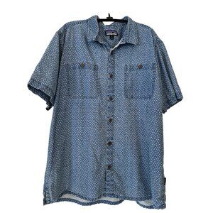 Patagonia Shirt Mens Sz LARGE Blue Back Step Hemp Organic Cotton All Over Print